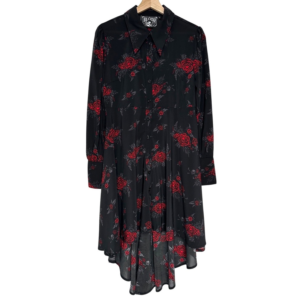 Killstar Red Rose Skull Pentagram High Low Midi Dress Pandora Shirt Dress L - Picture 3 of 11